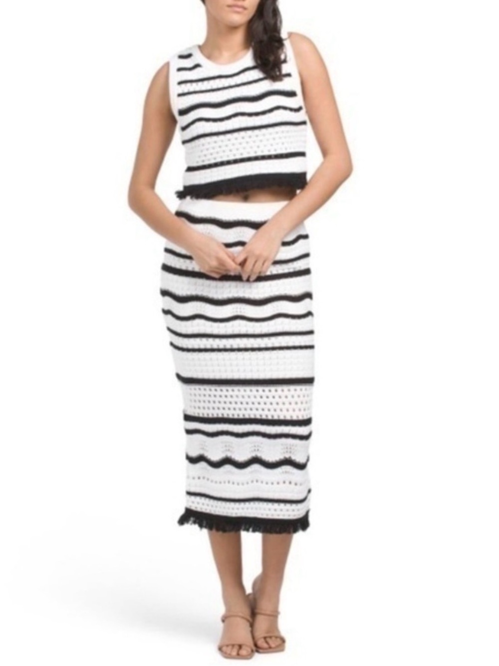 XS House of Harlow Black & White Stripe Crochet Midi Skirt Coord Set Available